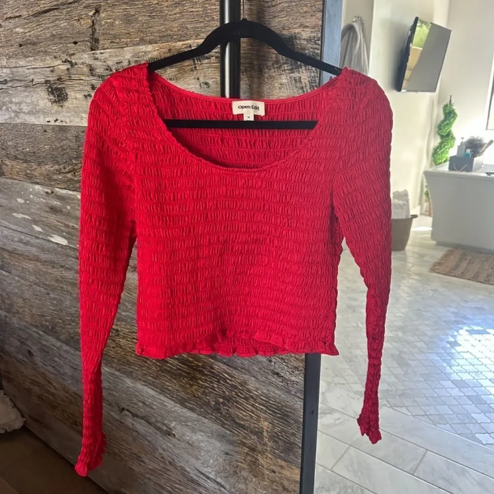 OPEN EDIT Smocked Scoop Neck Crop Top Red Goji Size M NEW